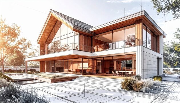 Modern wooden house with gabled roof and large glass windows featuring technical architectural sketch on ground level