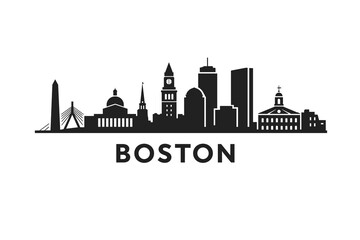 Fototapeta premium Boston Massachusetts Skyline Silhouette Vector With Famous Urban Landmarks and Minimal Black Cityscape Illustration