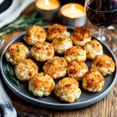 Fototapeta premium Close-up of golden-brown crispy cauliflower florets on a grey plate, with blurred candles and red wine for a festive dinner appetizer. Cozy, Vegetarian