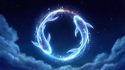 Fototapeta premium Glowing fish swimming in a circle representing the Pisces zodiac sign in a starry night sky. Astrological concept of duality and spirituality.