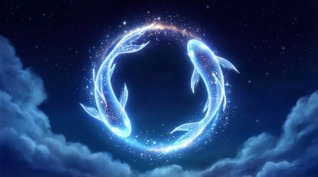 Glowing fish swimming in a circle representing the Pisces zodiac sign in a starry night sky. Astrological concept of duality and spirituality.