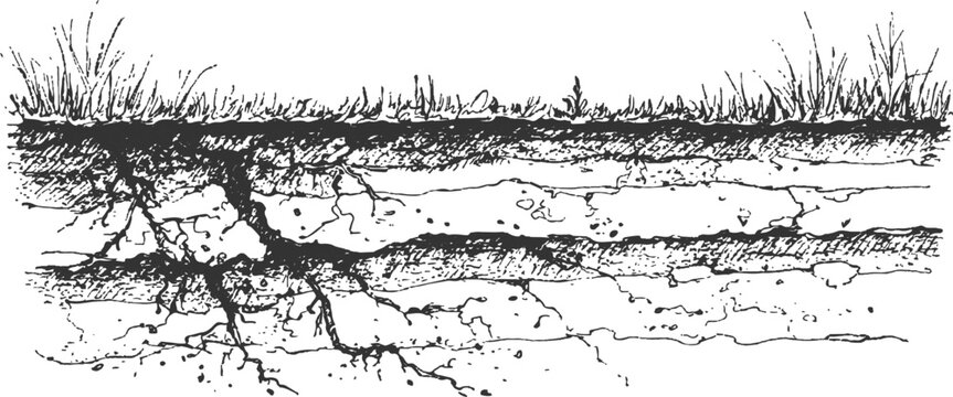 Geological cross section of earth layers underground with mountain landscape above hand drawn vector illustration.
