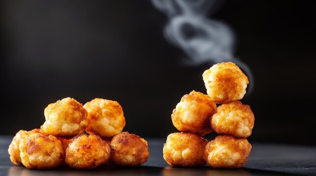 Close-up of golden, crispy tater tot mounds and towers, visibly steaming on a dark surface, inviting a hot, savory snack experience. Comfort Food, Finger Food