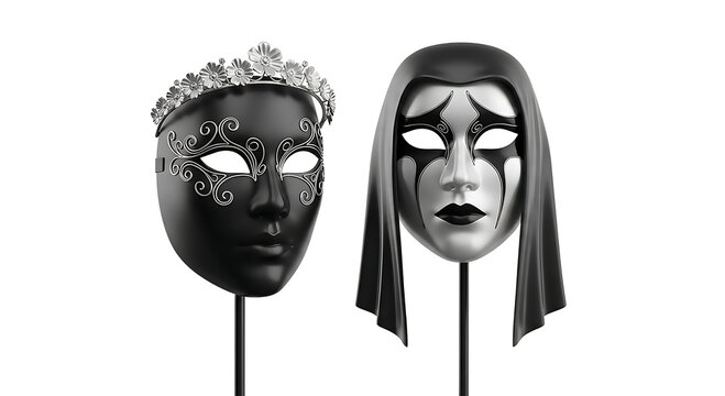 Masquerade masks with black and white gothic theatrical design for carnival art.