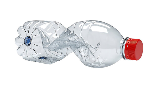 Crushed transparent empty plastic water bottle with red cap isolated on background.