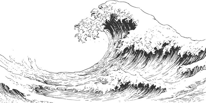 Hand drawn vintage style giant ocean wave crashing with sea foam black and white vector illustration.