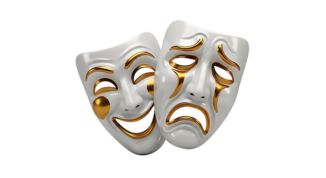 White theatrical comedy and tragedy masks with gold accents isolated on background.