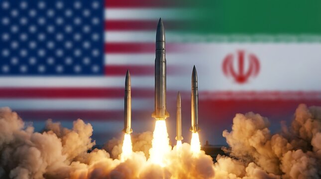 Missile launch with US and Iran flags in background concept of military conflict and nuclear threat.