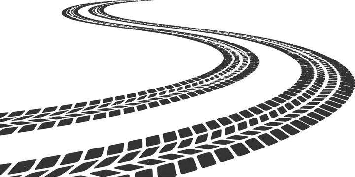 Curved grunge tire tracks winding along a path abstract transportation element vector illustration design.
