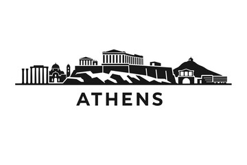 Naklejka premium Athens Greece Skyline Silhouette, Acropolis and Parthenon Landmarks, Ancient Historic Cityscape in Minimal Black Vector Style