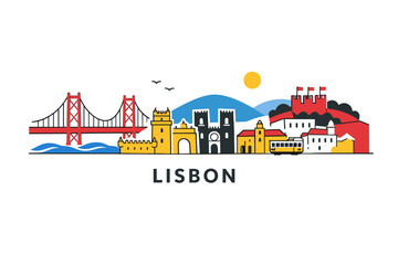 Obraz premium Lisbon Skyline Illustration, Colorful Flat Cityscape Poster with Portuguese Landmarks and Bridge