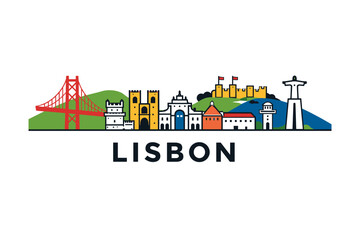 Naklejka premium Lisbon Portugal Skyline Illustration, Belem Tower, 25 de Abril Bridge and Alfama Hills, Colorful Coastal City Travel Vector
