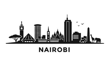 Fototapeta premium Nairobi Skyline Silhouette Poster, Minimalist Black Cityscape Illustration with Kenyan Landmarks