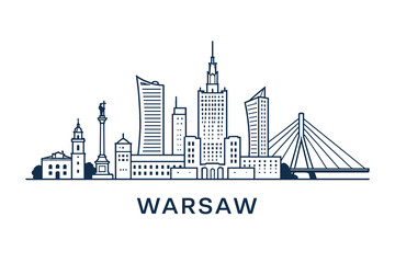 Obraz premium Warsaw Skyline Line Art Poster, Minimalist Outline Illustration with Polish Landmarks