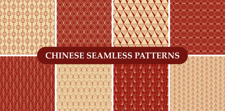 Collection of red and gold seamless geometric patterns. Luxury art deco vector backgrounds in Asian ornament style. Perfect for textile, fabric, packaging, wallpaper, print and decorative design