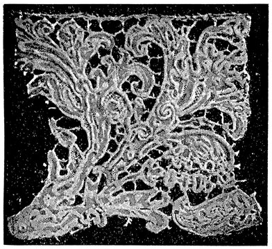 Handmade lace. Sewn Guipure (Punto Di Venezia), 16th Century. Publication of the "Brockhaus Encyclopedia", Vol. 14, Leipzig, Germany, circa 1900.