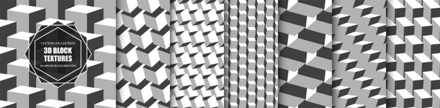 Collection of vector monochrome seamless geometric 3d abstract patterns. Isometric modern structure repeatable cubes backgrounds. Decorative blocks endless white and gray textures