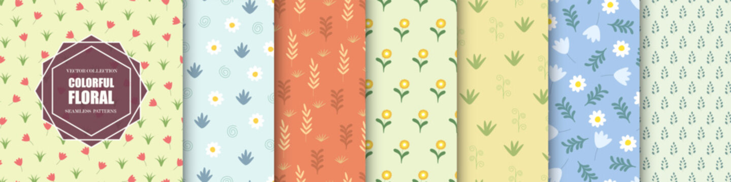 Collection of cute seamless color vintage floral patterns - hand drawn delicate design. Repeatable bright backgrounds with drawing branches and flowers. Textile endless prints. Vector illustration