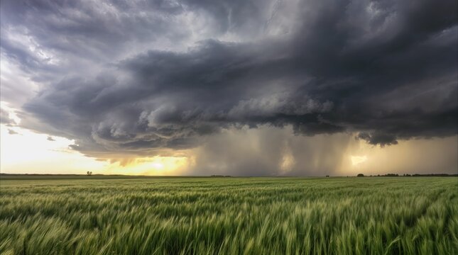 Storm clouds gathering over green wheat field during sunset. Heavy rain curtains falling on the horizon of rural landscape.
