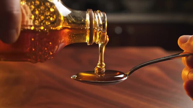 Pouring Golden Syrup Into A Silver Spoon Capturing Delightful Sweetness In Motion