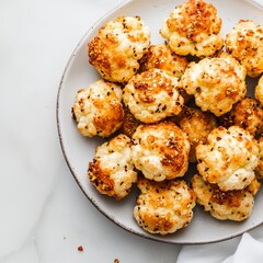 Fototapeta premium Elegant roasted cauliflower florets with black sesame and shimmering gold flakes, served on a grey plate, overhead food photography. Gourmet appetizer, healthy, festive