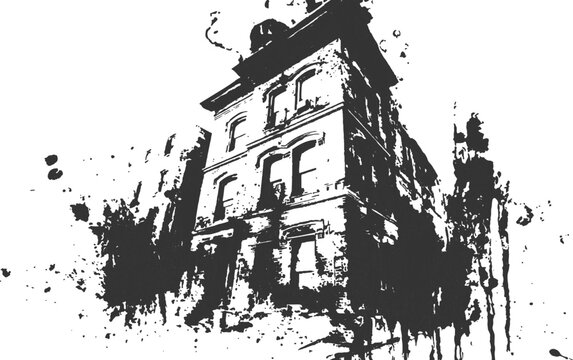 Urban grunge architecture building sketch with ink splatter and watercolor paint drops vector illustration background.