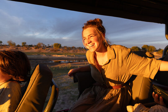 Family experiencing a mobile safari in the Okavango Delta, Botswana, Africa