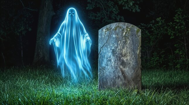 Translucent blue ghost hovering beside a weathered tombstone in a dark cemetery at night. Eerie supernatural entity appearing in a wooded graveyard.