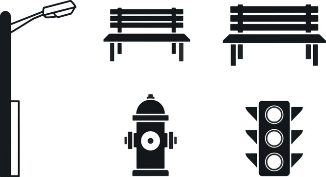 Set of urban street elements icons including street light, park benches, fire hydrant, and traffic signal isolated on white background.