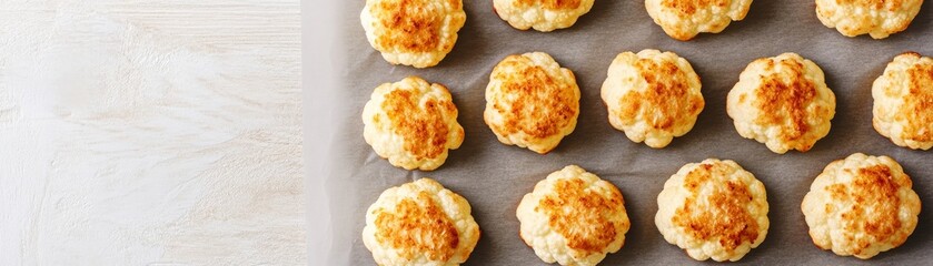 Fototapeta premium Flat lay of golden crispy oval rice crackers in organized rows on parchment paper, contrasted with a light, textured background. Appetizing snack pattern and fresh bake aesthetic.