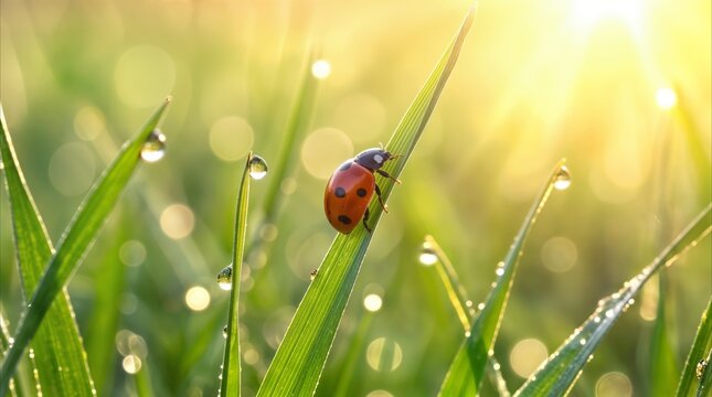 Ladybug climbing green grass blade covered in morning dew drops at sunrise. Close-up of beetle in meadow during golden hour.