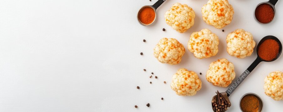 Flat lay of spicy mini cauliflower florets, paprika, chili and peppercorns on white background. Healthy vegan cooking ingredients concept. Cauliflower, Spices