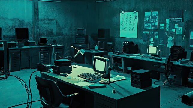 Surveillance room with retro computers and green tint