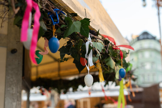Decorated branches with hanging eggs at market Liberec Czech Republic Europe easter tradition seasonal decoration concept