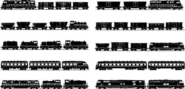 Freight train with locomotive, passenger train icons collection. Black silhouette of freight trains collection. Set of railway transport. Black wagon and locomotive
