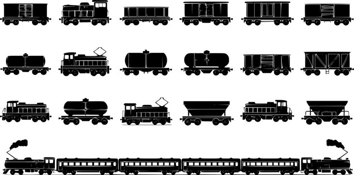 Freight train with locomotive, passenger train icons collection. Black silhouette of freight trains collection. Set of railway transport. Black wagon and locomotive