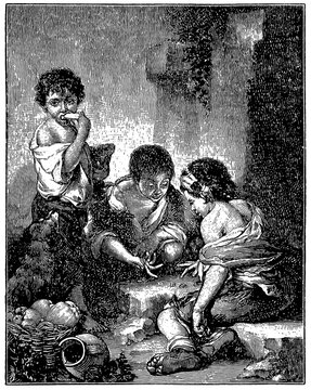 Art of Spain. Bartolome Esteban Murillo: Young Boys Playing Dice, c. 1675, Alte Pinakothek, Munich. Publication of the "Brockhaus Encyclopedia", Vol. 14, Leipzig, Germany, circa 1900.