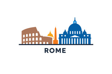 Obraz premium Rome Italy Skyline Illustration, Colosseum and St Peter Basilica Landmarks, Dual Color Historic City Travel Vector