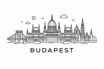 Fototapeta premium Budapest Hungary Skyline Detailed Line Illustration, Parliament Building and Danube Bridge, European Cityscape Outline Vector