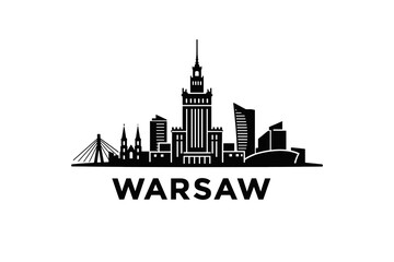 Obraz premium 2D Warsaw Skyline Silhouette with Name, Minimal Black Cityscape on White Background