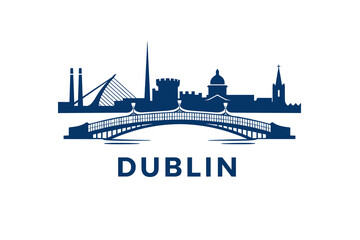 Fototapeta premium Dublin City Skyline in Monochrome Blue, Minimal Urban Silhouette Illustration