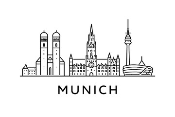 Fototapeta premium Munich Skyline Line Art Poster, Minimalist Outline Illustration with Famous German Landmarks