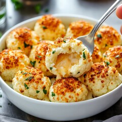 Fototapeta premium Golden Cheesy Cauliflower Bites A fork reveals creamy melted cheese inside roasted florets, garnished with parsley in a white bowl. Perfect warm appetizer or side. ,Vegetarian ,Comfort