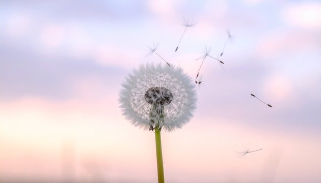 Close-up of dandelion seed head with seeds drifting in wind, soft pastel sky background in blue and pink, delicate natural composition on clean white background.