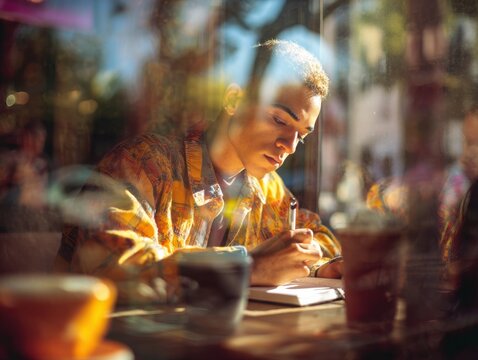 Young transgender man reflecting while journaling in sunlit coffee shop during a calm morning
