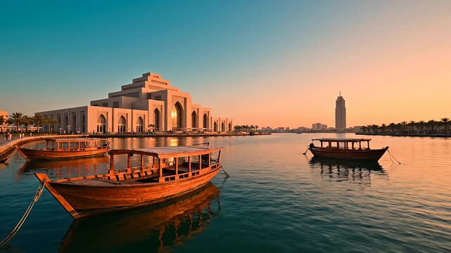 Traditional wooden boats on water near grand architecture at sunset