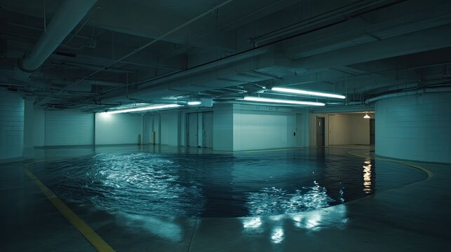 Flooded parking garage creating eerie liminal space