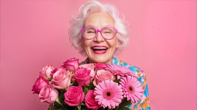 Cheerful elderly woman holding bouquet of pink flowers against pink background. Mature lady with white hair and stylish glasses celebrating special occasion.