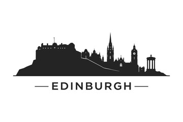 Naklejka premium Edinburgh Scotland Skyline Silhouette, Historic Castle and Old Town Landmarks, Black Cityscape Illustration for Travel Print and Poster