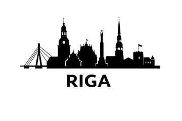 Fototapeta premium Riga Latvia Skyline Silhouette, Baltic Architecture Landmarks, Black Cityscape Illustration for Travel Print and Poster Design